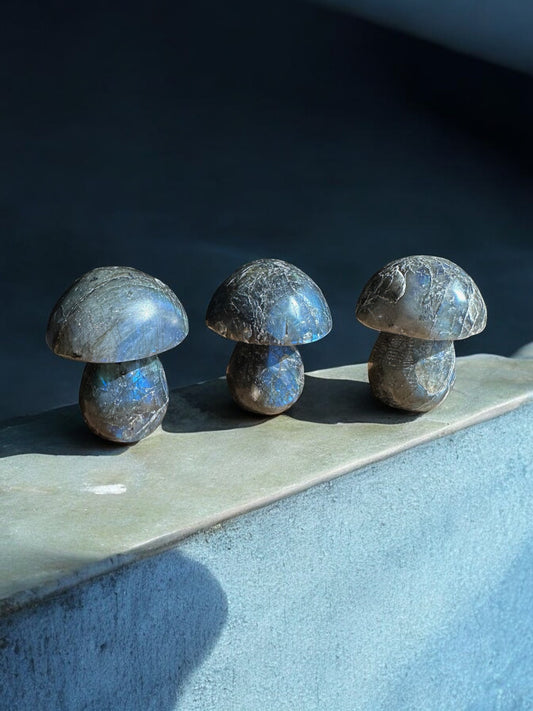 Labradorite crystal figurines in mushroom shape