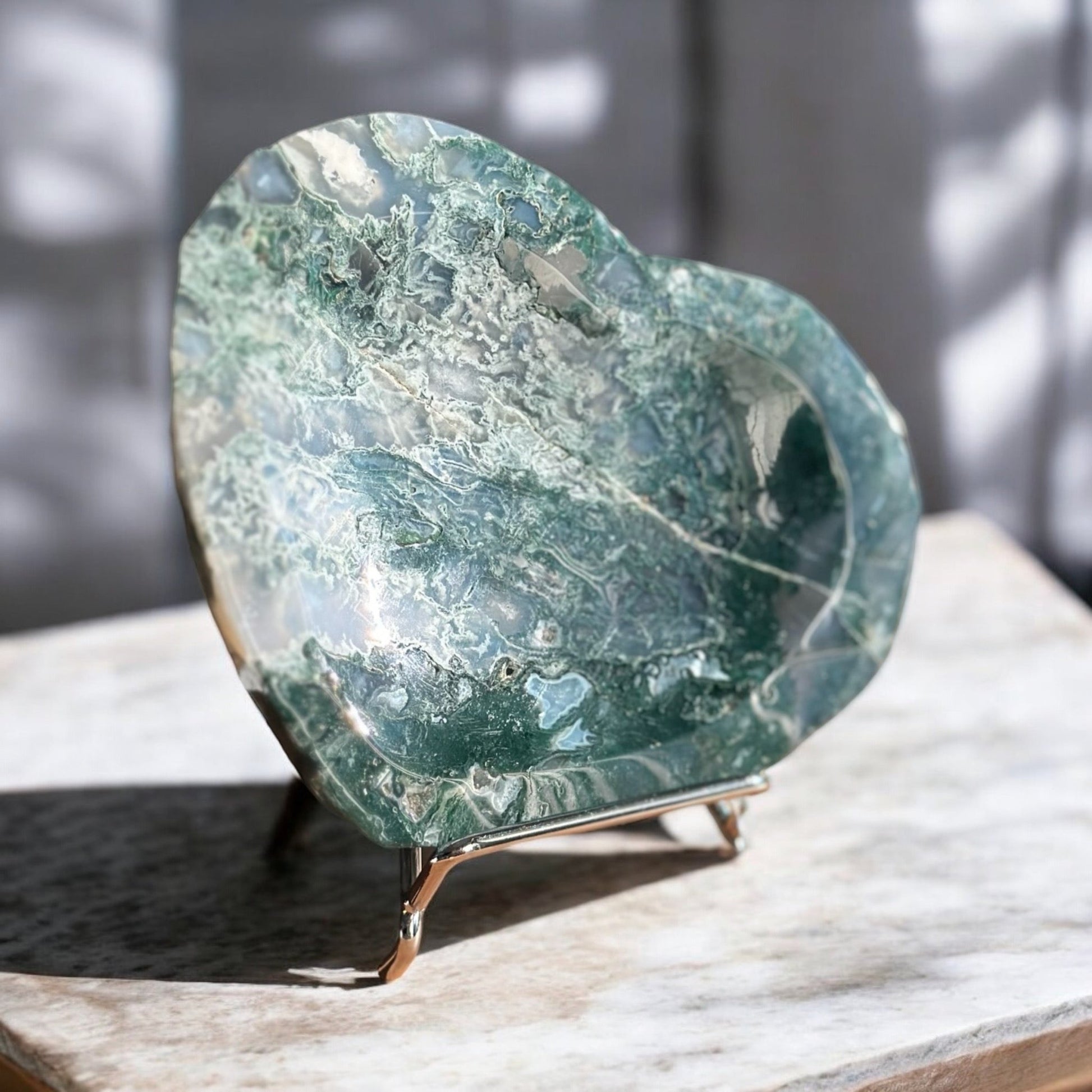 moss agate crystal bowl heart shaped on stand