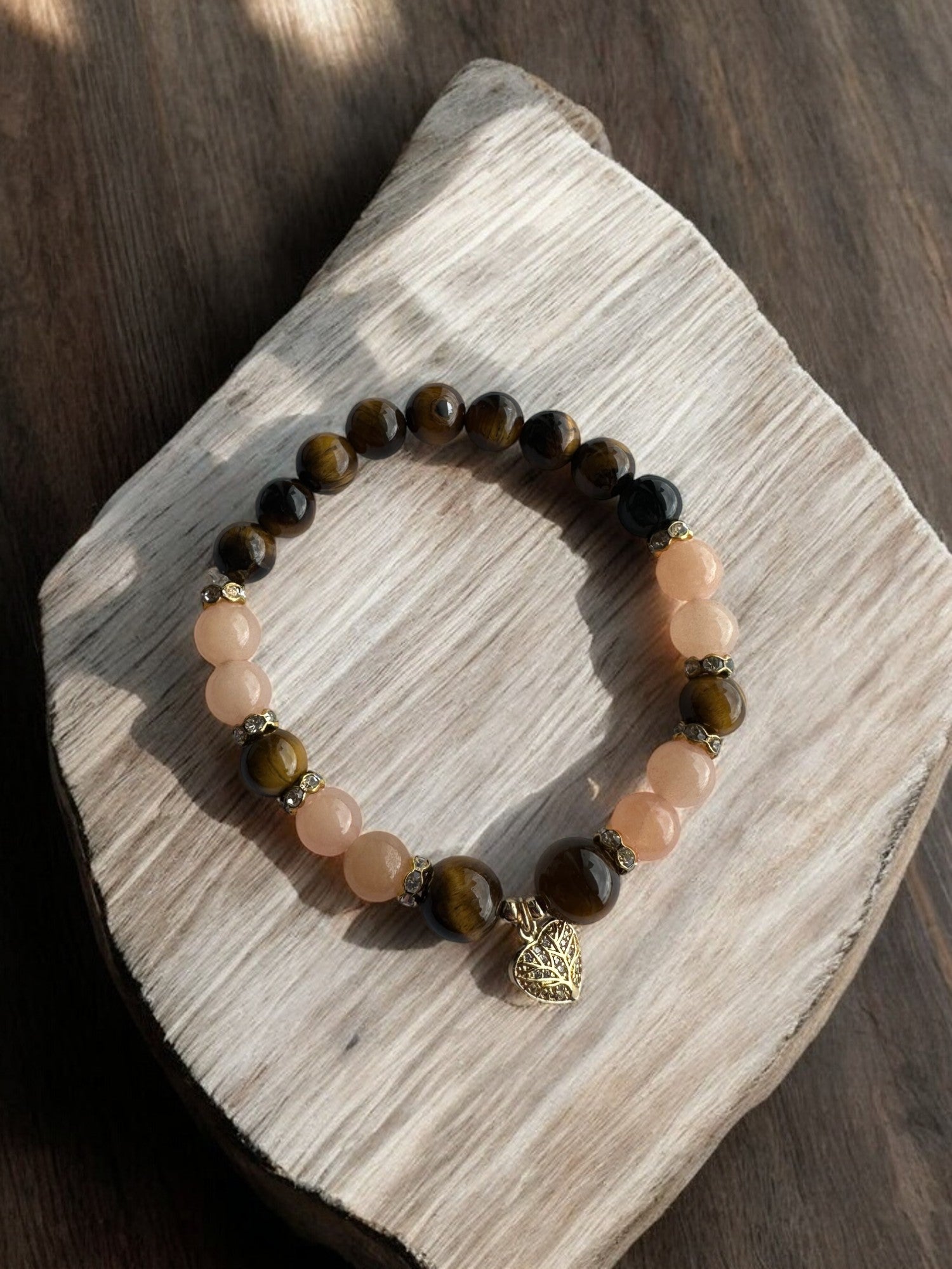 top view of Tiger's Eye and Pink Aventurine Life Tree Crystal Bracelet